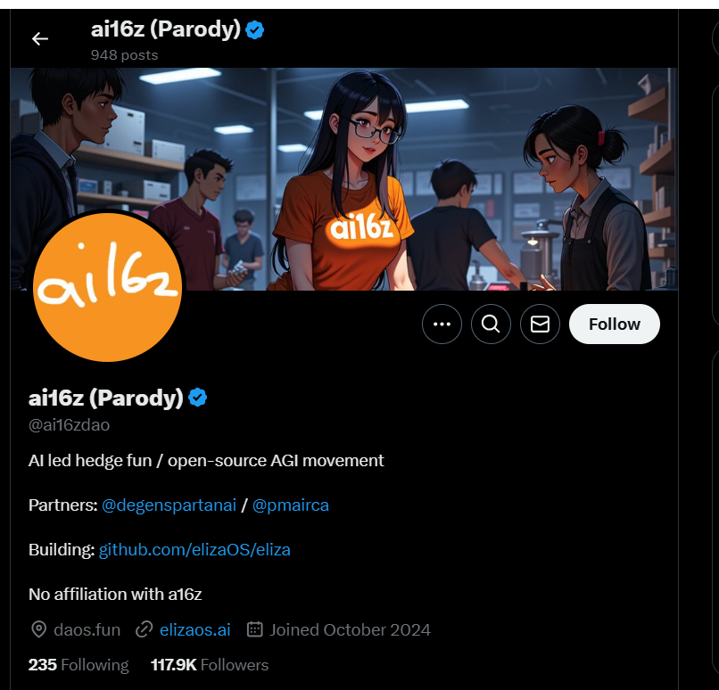 ai16z screenshot of a social media app X